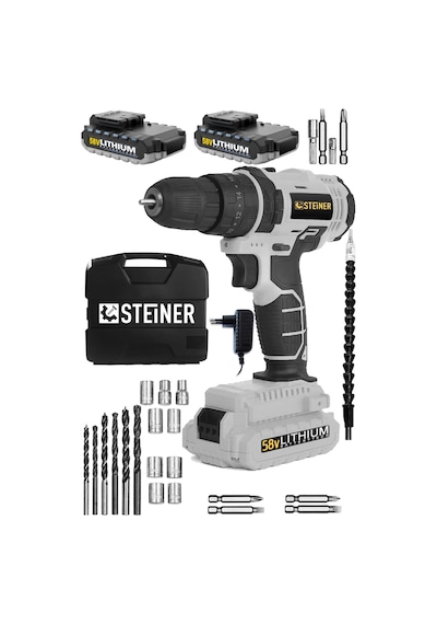Steiner 58 V 5 Ah Metal Şanzıman Çift Lithium Akü Şarjlı Vidalama Matkap Gri + Set