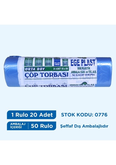 Egeplast Çöp Torbası Orta Boy Mavi 55X60 Koli 50 Rulo