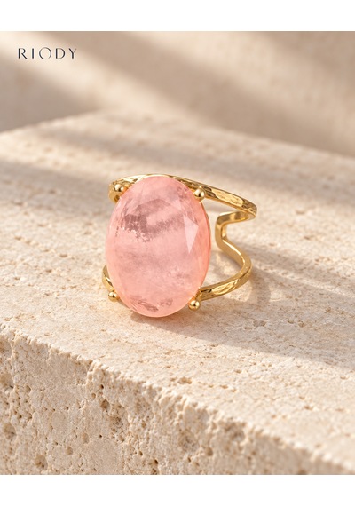 Riody Regard Rose Gold Kaplama Pembe Kedi Gözü Doğal Taşlı Ayarlanabilir Kadın Yüzük Sarı Altın