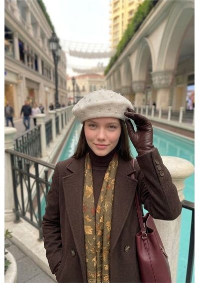 Mollycrush Kadın Ekru Pırlanta Taşlı Yün Ressam Bere Kışlık Şık Tasarım Fransız Tarzı Şapka Beyaz