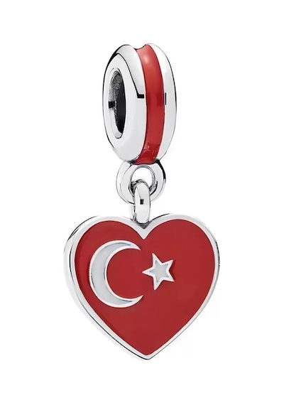 925 Ayar Gümüş Kalpli Türkiye Bayrağı Figürlü Sallantılı Charm