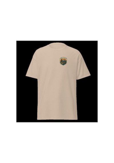 Wildstyle Doğa Terapisi Renkli Kamp Doğa Orman Huzur Rozet Baskılı Unisex Bisiklet Yaka Pamuklu Tişört Camel