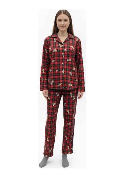Kadın Kırmızı Ayıcık Desenli Düğmeli Uzun Kollu Pijama Takımı Kırmızı