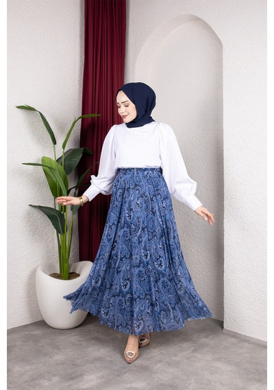 Hira Life Fashion Asimetrik Kesim Etnik Desen Astarlı Tül Tesettür Etek Mavi Mavi