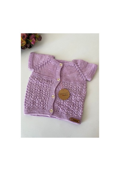 Adenya Sepeti El Örgüsü Lila Kısa Kollu Bebek Hırkası Handmade