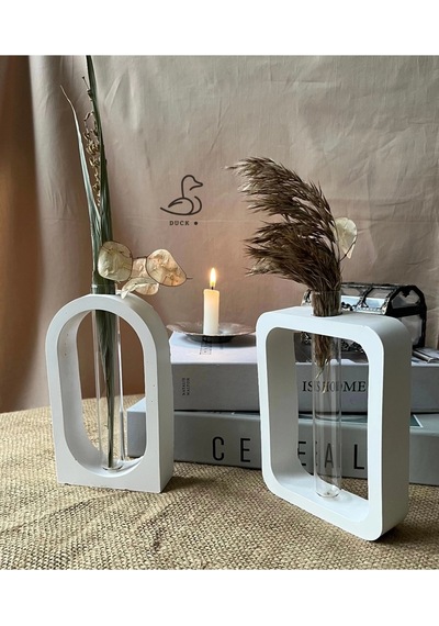 Modern Geometrik Cam Tüplü Vazo Set 2'li 12-16cm Taş Tozu Beyaz