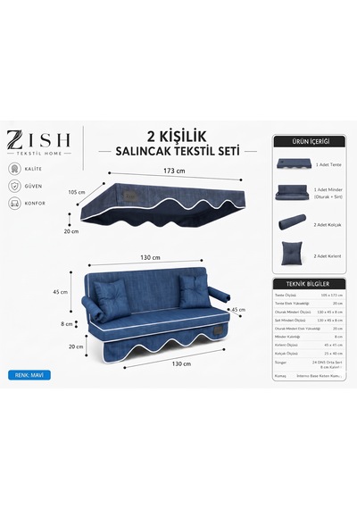 Altaleno 2 Kişilik 130 45 Cm Süngerli Bahçe Balkon Salıncak Minderi Yıkanabilir Kılıflı, Tenteli Keten Kumaş Tekstil Seti 24 Dns 8 Cm Orta Sert Sünger Mavi