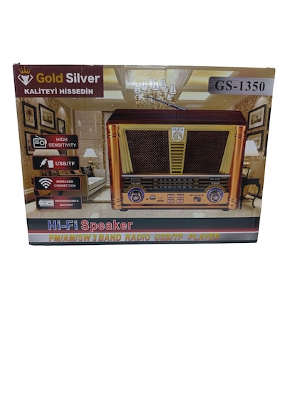 Gold Silver Gs-1350 Retro Ahşap Nostaljik Radyo Şarjlı Bluetooth Hoparlör 3 Bant Fm Am Sw Usb Tf Gold