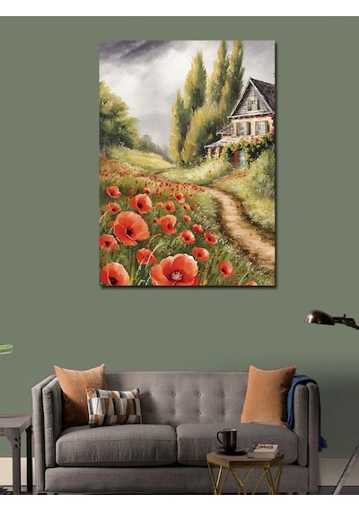 Kanvas Tablo Kır Evi Ve Gelincik Çiçekleri 100cmx140cm