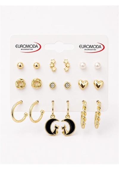 Ay Kedi Detaylı Gold Renk 9'lu Küpe Seti