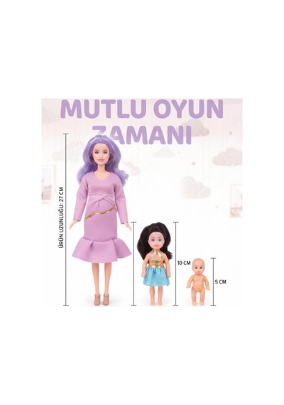 Hamile Anne Ve Bebekleri 3 Bebekli Dönen Karınlı Haraketli Eklemli Aksesuarlı Oyuncak Bebek Seti Mor