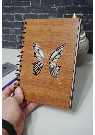 Kelebek Desenli Ahşap Defter - Ajanda - Çizgisiz Resim Defteri Ahşap Rengi Ceviz A5 Notebook