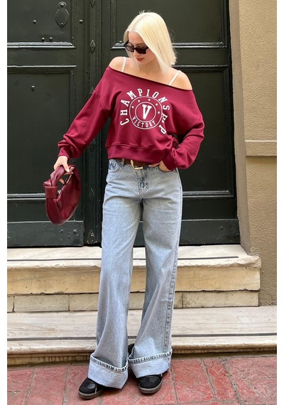 Bordo Kayık Yaka Baskılı Kadın Sweatshirt Mg2205