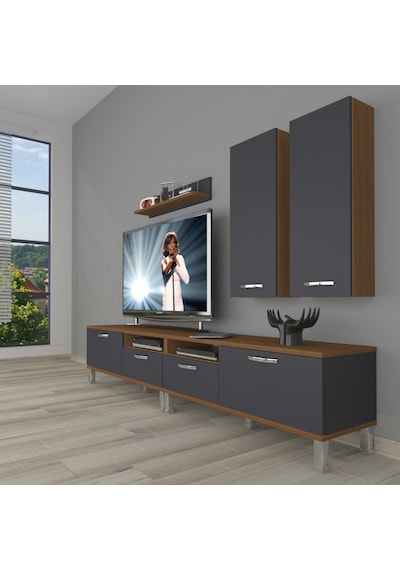 Decoraktiv Eko 5220d Mdf Krom Ayaklı Tv Ünitesi Tv Sehpası Ceviz - Antrasit