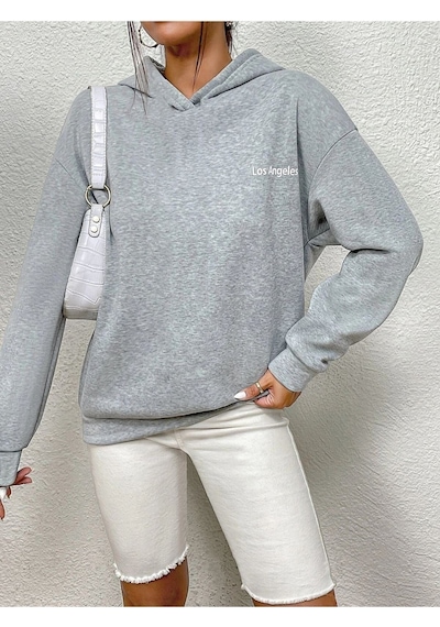 Los Angeles Minimal Sweatshirt - Gri Baskılı Oversize Kapüşonlu Gri