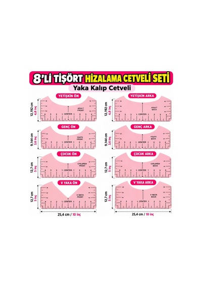 Sge Teknoloji 8 Li Yaka Kalıbı Cetveli Profesyonel Tişört Hizalama Cetveli Pembe