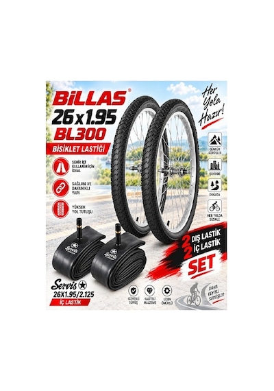 Billas 26x1.95 Dış Lastik Bl300 Bisiklet Lastiği + İç Lastik Servis Marka 2 Şer Adet Takım