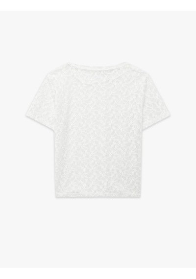 Koton Yarı Transparan Slim Fit Kısa Kollu Dantel Crop Tişört Beyaz 6sak50397ek