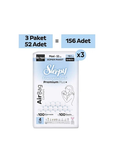 Sleepy Bio Natural Premium Plus Airbag Comfort Mega Paket Bebek Bezi 4 Numara Maxi 156 Adet