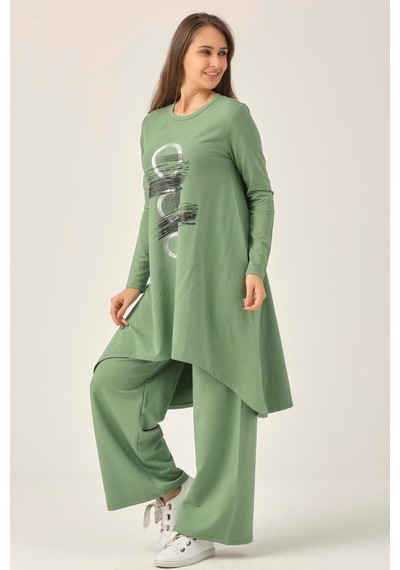 Yeşil Baskılı Tunik Pantolon Ikili Takım Dm51021 Yeşil