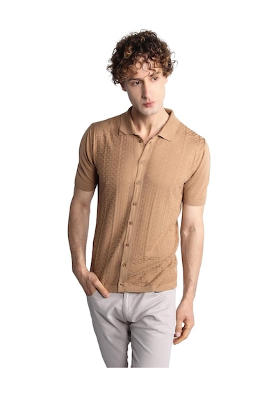 Vizon Slim Fit Dar Kalıp Düğmeli Polo Yaka Desenli Kısa Kollu Triko Tişört-16322 Bej