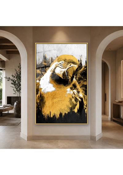 Altın Tonlu Papağan Portresi Gold Çerçeveli Cam Tablo
