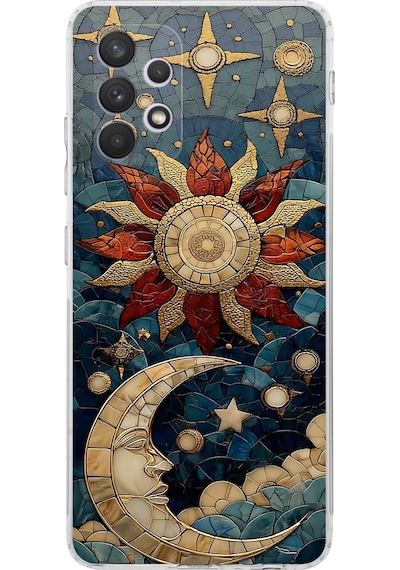 Printify Samsung Galaxy A32 İle Uyumlu Vitray Sol Ve Luna Tasarımlı Şeffaf Silikon Kılıf Şeffaf