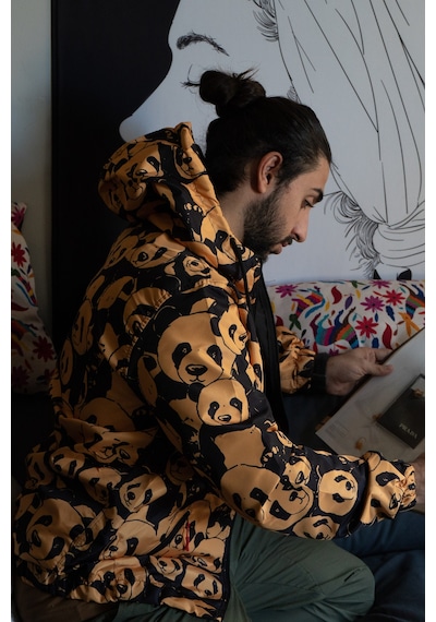 Panda Desenli Sarı Siyah Yağmurluk Sarı