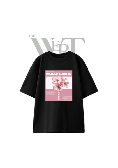 Thewert Pembe Sakura Tasarım Baskılı Ünisex Siyah Oversize T-shirt