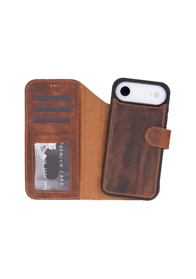 Bloomcase Magic Wallet Mahogany Saddle Hakiki Deri Apple Uyumlu iPhone 17 Air 6.5" Cüzdanlı Telefon Kılıfı Kahverengi