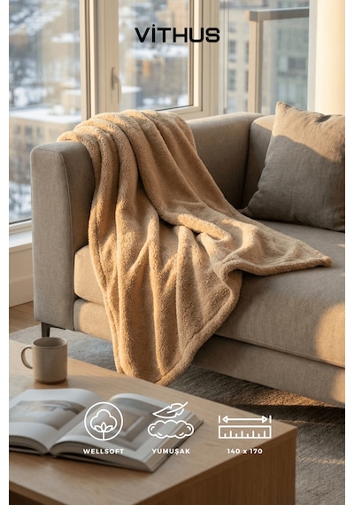Wellsoft Tv Battaniyesi Peluş Polar Ultra Yumuşak Battaniye 140x170 Cm Bej