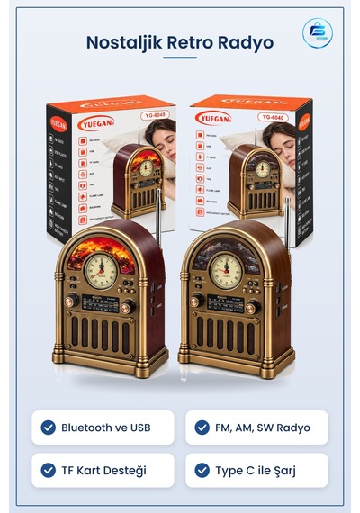 Nostaljik Radyo Saatli Retro Şömine Hoparlör Bluetooth Usb Type C