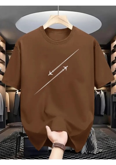 Flood Of Style Unısex Kahverengi Çizgi Uçak Baskılı Oversize