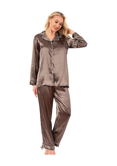 Ahu Biyeli Uzun Kol Saten Önden Düğmeli Pijama Takımı Haki 7647 Haki