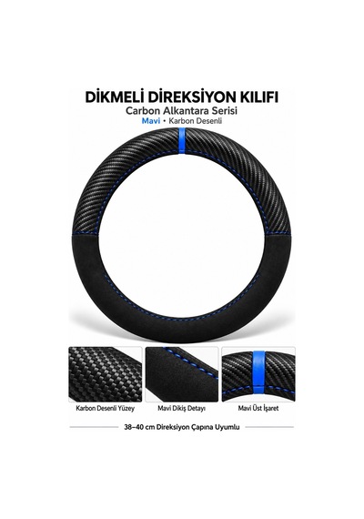 Trobus Hyundai İ20 2015-2020 Uyumlu Dikmeli Direksiyon Kılıfı Carbon Alkantara Karbon Desenli Mavi