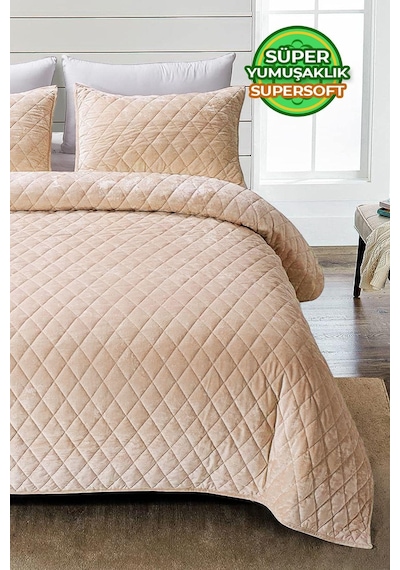 Evlen Home Kapitone Kadife Yatak Örtüsü Seti Tek Kişilik Supersoft 2 Parça Yumuşak Elyaf Dolgulu Bej Bej