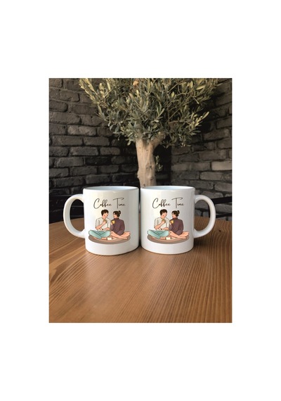 Cofee Çift Resimli Yazılı Kişiye Özel Isim Yazılı Çift Bardağı Bohem Seramik Kupa Bardak Çok Renkli