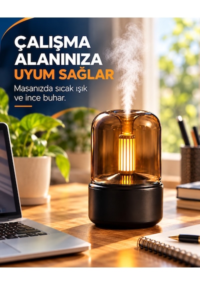 Mum Alevi Efektli Aroma Difüzör Dekoratif Hava Nemlendirici Sıcak Işıklı Dokunmatik Tuşlu Masaüstü Buhar Makinesi Siyah