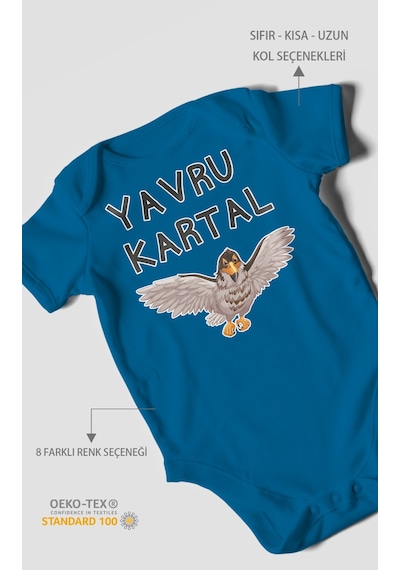 Yavru Kartal Baskılı Bebek Zıbını Çıtçıtlı Body %100 Pamuk Kısa Kol Koyu Mavi