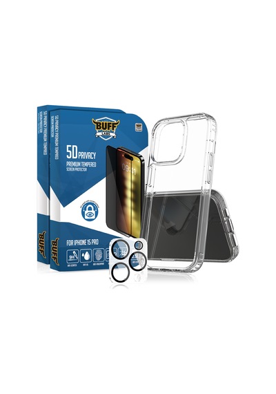 Buff Apple iPhone Uyumlu  15 Pro - 2x5d Ekran Koruyucu + Şeffaf Kılıf + Lens Koruyucu Privacy Hayalet