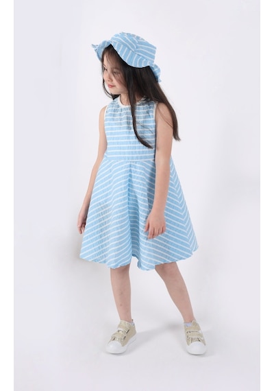 Aden Kids Kız Çocuk Çizgili Yazlık Elbise Ve Şapka Takımı - 2'li Set 4-12 Yaş Mavi