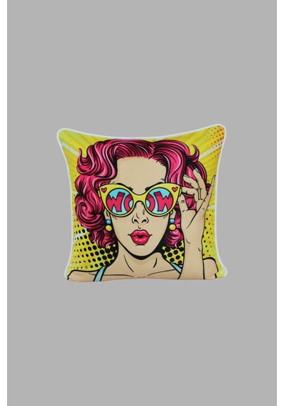 Kırlent Kılıfı Pop Art Figür Desenli 45x45 Raşel Örme Kadife Çift Taraflı Dijital Baskı Beyaz Biyeli Çok Renkli