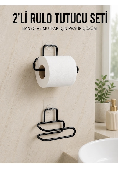 2 Li Yapışkanlı Tuvalet Kağıdı Tutucu Siyah Metal Duvar Tipi Rulo Kağıtlık Çok Renkli