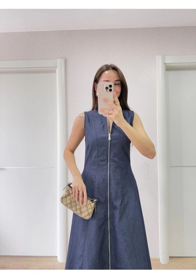 Mbb E-ticaret Kadın Jeans Kot Önü Tam Fermuarlı Uzun Elbise - Mavi