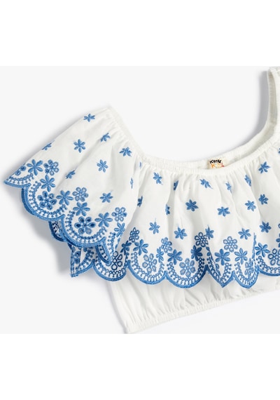 Koton Crop Bluz Düşük Omuz Fırfırlı İşlemeli Beyaz 4skg60054aw Beyaz