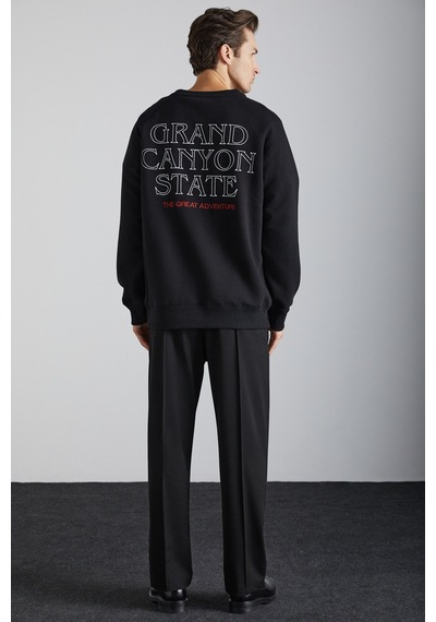 Grımelange Domagoj Erkek Organik Pamuklu Western Baskılı Bisiklet Yaka Oversize Siyah Sweatshirt