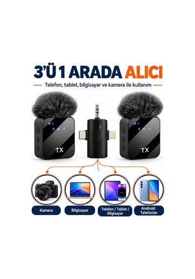 Kablosuz Yaka Mikrofonu 2 Li Mikrofon 3 İn 1 Wireless Microphone