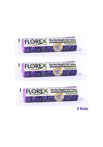 Florex 40 Litre Büzgülü Lavanta Kokulu Çöp Torbası Poşeti / 55 x 60 CM - 10 Adetlik 3 Rulo