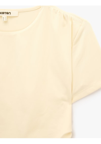 Koton Drape Detaylı Slim Fit Bisiklet Yaka Kısa Kollu Crop Tişört Ekru 6sak50066pk