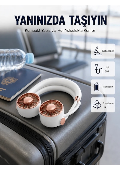 Usb Şarjlı Katlanabilir Mini Boyun Fanı 1 3 Saat Kullanım Beyaz